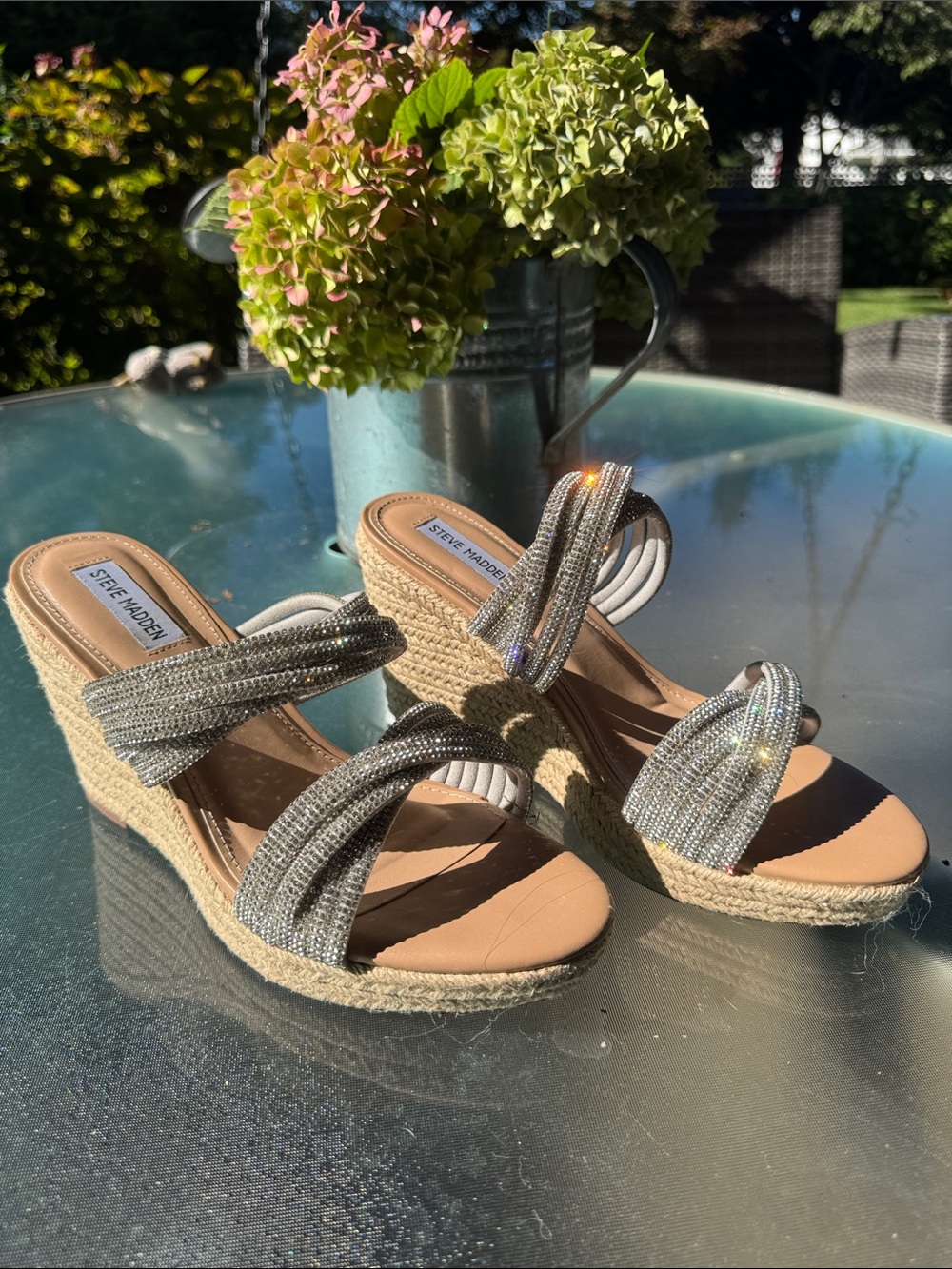 Steve Madden Silver Glitter Espadrille Wedge Mules